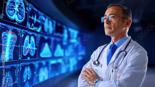 doctor analyzing medical data on screens in modern healthcare facility, showcasing advanced technology and expertise in patient care