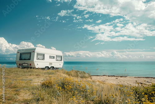 Holiday trip on large family motorhome for holiday in beautiful natural nature, abstract vivid composition consists of fictional unreal fantastic vision on background