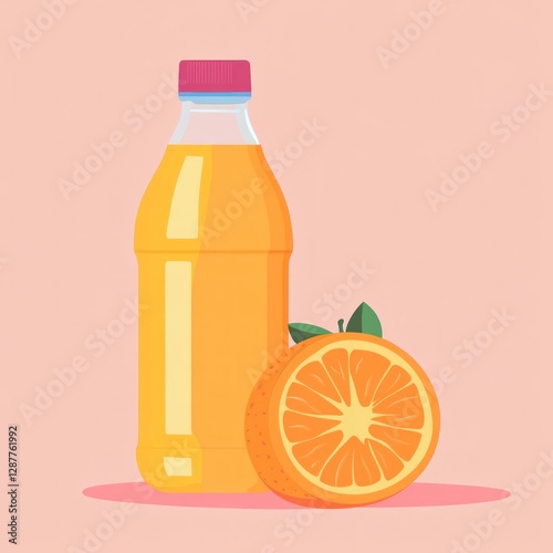 Orange Juice Bottle and Slice on Pink Background