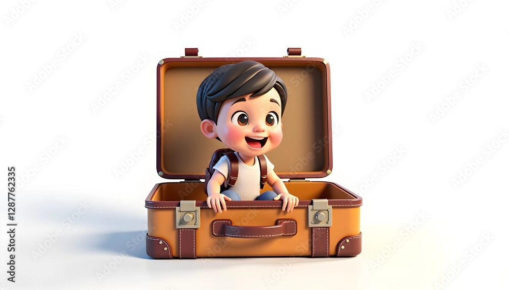 Happy cartoon child sitting inside an open suitcase Happy cartoon child sitting inside an open suitcase