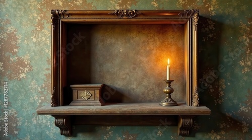 Wallpaper Mural Ornate Frame Encases a Lit Candle and Antique Box on a Shelf Against a Vintage Wall Torontodigital.ca