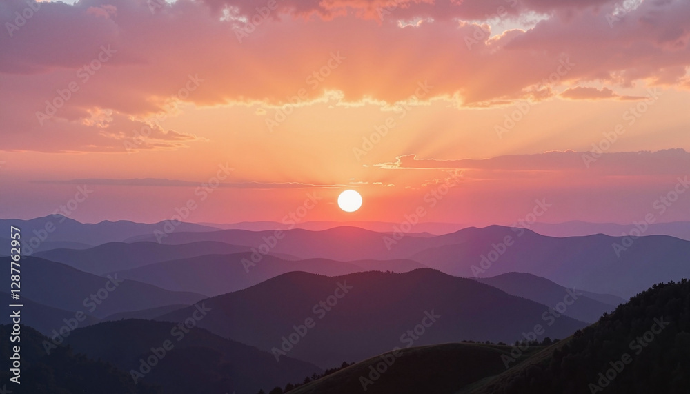 Fototapeta premium A serene sunrise illuminates the misty mountains, symbolizing the balance of day and night, renewal, and the transition into spring during the Spring Equinox.