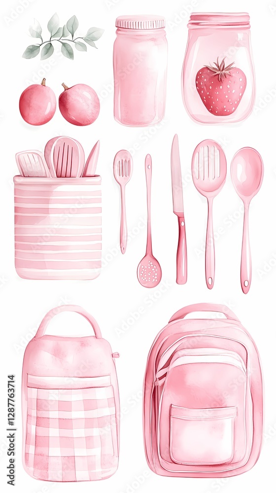 Collection of pink kitchen utensils and food items arranged in a minimalist style with fresh produce and containers Collection of pink kitchen utensils and food items arranged in a minimalist style with fresh produce and containers