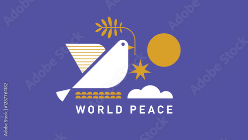 Dove of peace , white flying stylized bird with olive branch
