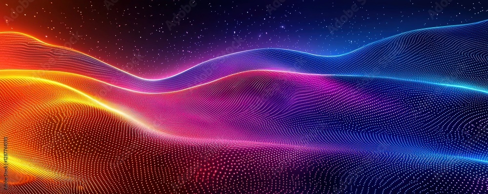 Abstract Background with Neon Organic Spectrum Effects Concept. Abstract Colorful Waves with Stars in Night Sky Background Abstract Background with Neon Organic Spectrum Effects Concept. Abstract Colorful Waves with Stars in Night Sky Background