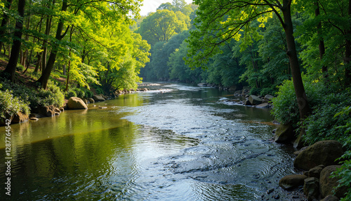 Wallpaper Mural  A peaceful river flows through a lush, sunlit forest, reflecting the balance, renewal, and serene beauty of the Spring Equinox. Torontodigital.ca