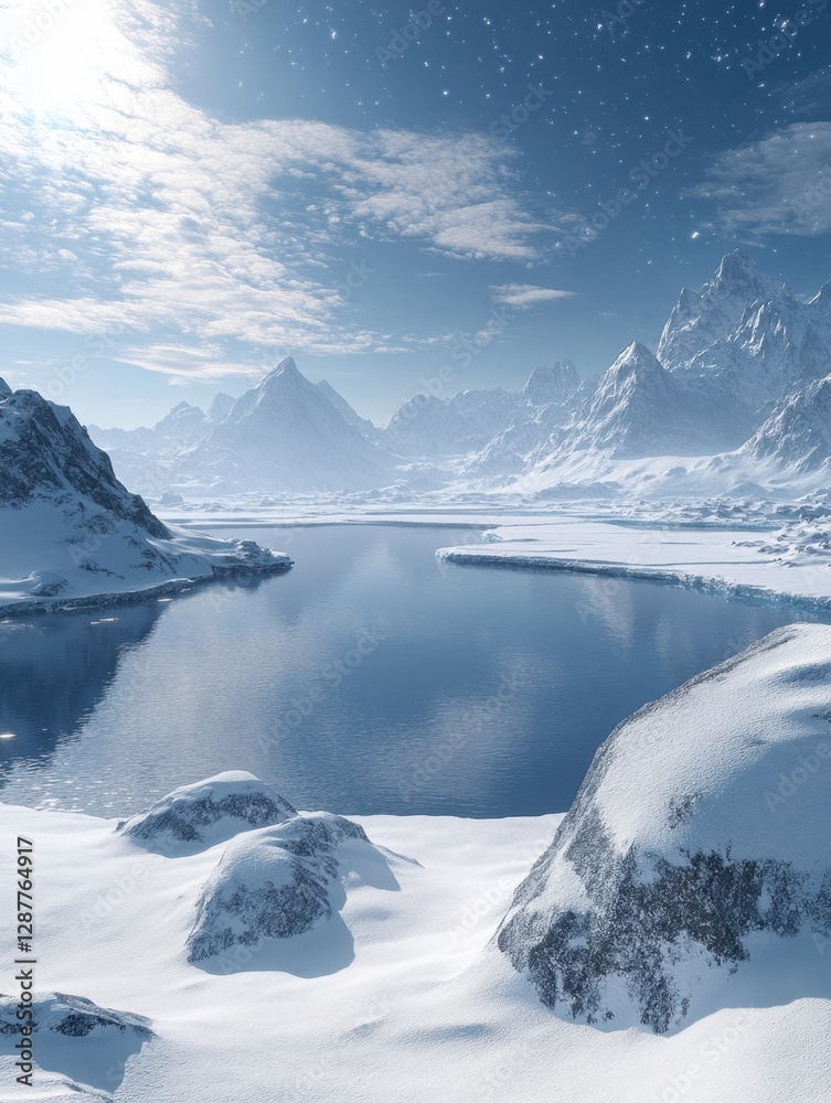 Fototapeta premium Serene Arctic Vista Snow Covered Mountains Reflecting in Calm Waters Under a Bright Cloudy Sky a Peaceful and Cold Landscape