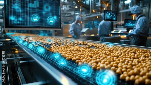 Digital twin technology in a food production line, with digital data and holographic icons overlaying the conveyor belt of fried chickpeas.