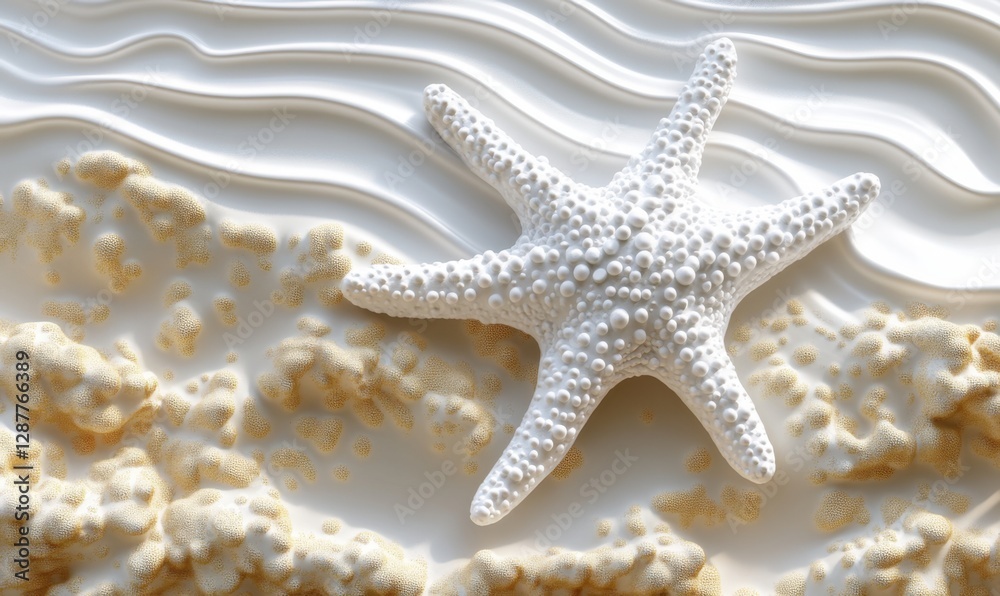 White starfish on textured beach with wavy lines White starfish on textured beach with wavy lines
