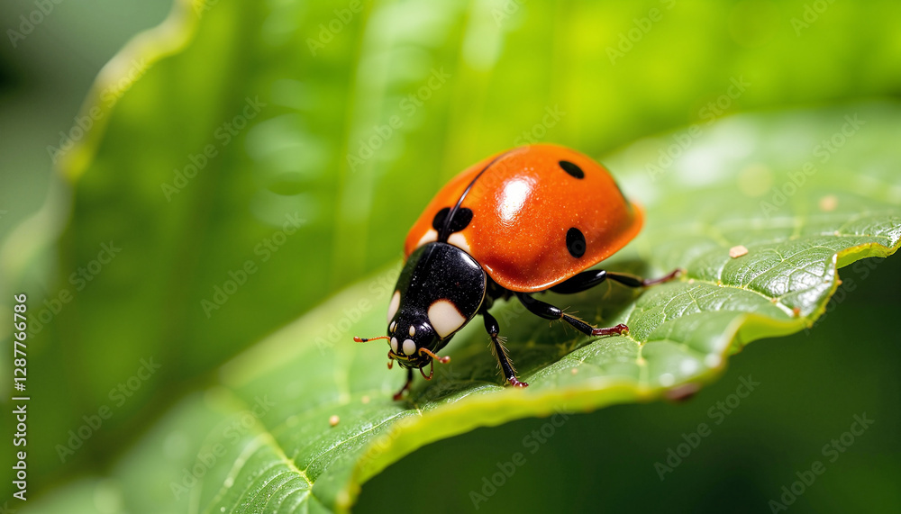 Fototapeta premium A vibrant ladybug resting on a green leaf symbolizes renewal, vitality, and the balance of nature during the Spring Equinox.