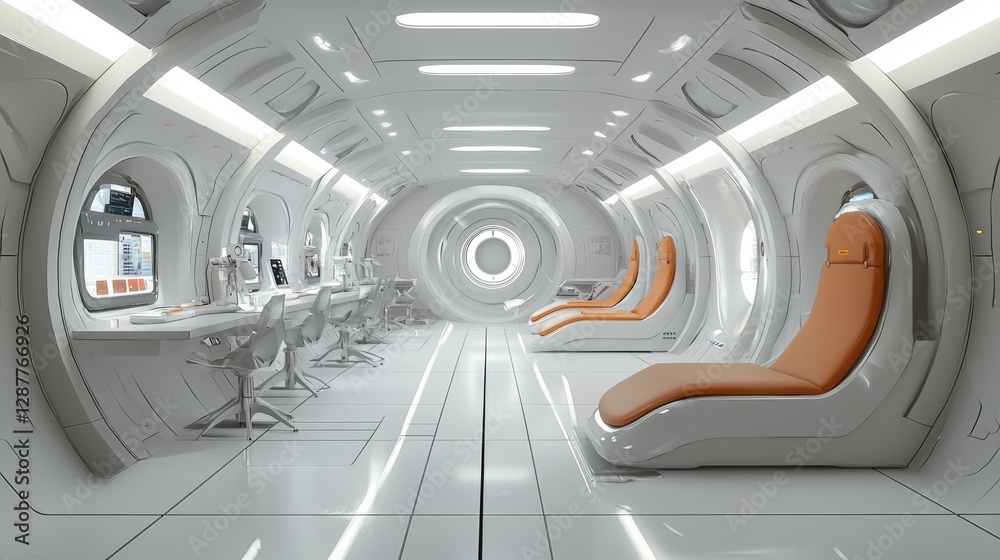 Obraz premium Futuristic Interior of a Minimalist Space Station with Relaxation Area