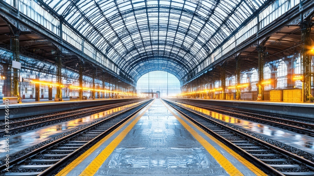 Train Station with Glass Roof and Empty Tracks Leading Ahead