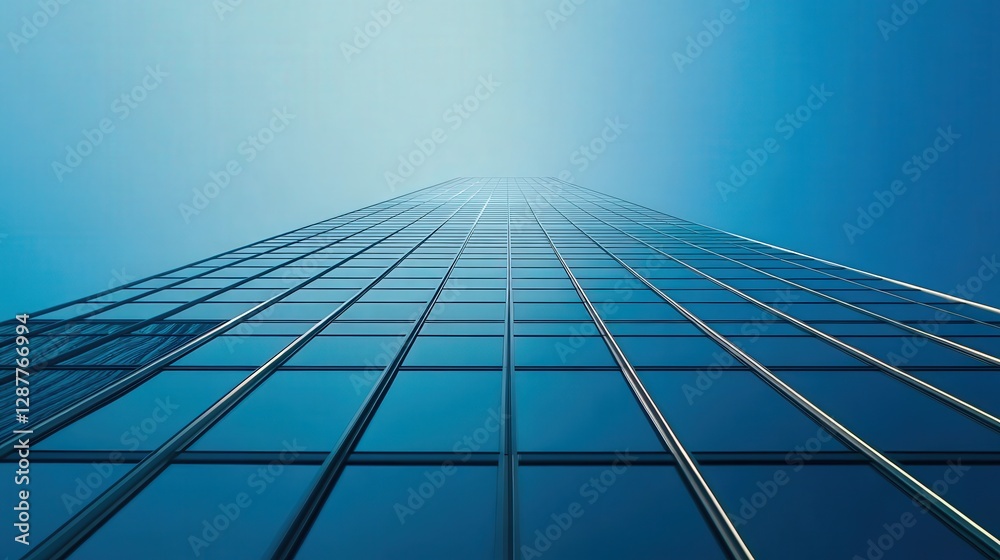 Glass skyscraper perspective under clear blue sky on sunny day Glass skyscraper perspective under clear blue sky on sunny day