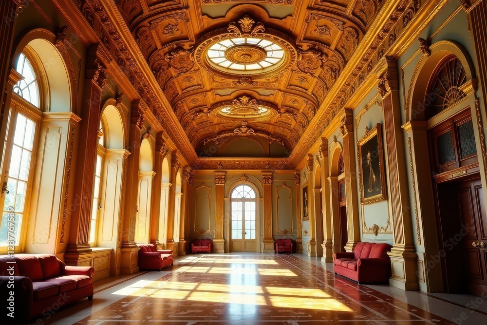 Fototapeta premium Sunlit Grand Hall with Gilded Ceilings and Ornate Architectural Details