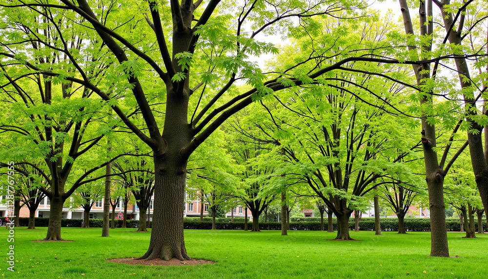 A tranquil park with rows of green budding trees showcases the rebirth and harmony of nature during the Spring Equinox. A tranquil park with rows of green budding trees showcases the rebirth and harmony of nature during the Spring Equinox.