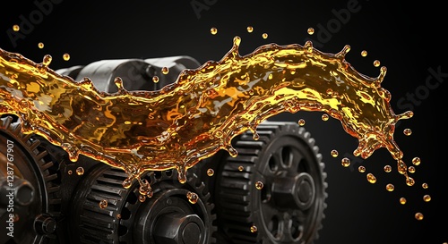 Engine gears lubricated by splashing golden motor oil close up
