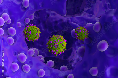 CAR T cell therapy in Bone tumor (cancer) - closeup view 3d illustration