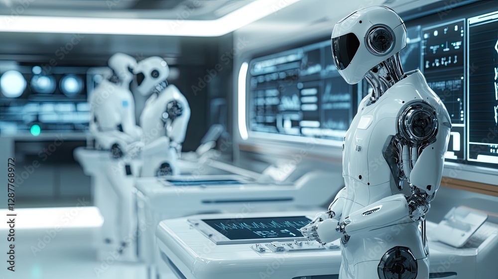 Futuristic Robots in High-Tech Control Room with Digital Interfaces Futuristic Robots in High-Tech Control Room with Digital Interfaces