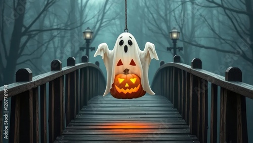 A ghostly pumpkin bucket hovering above a wooden bridge, halloween, float, bridge photo