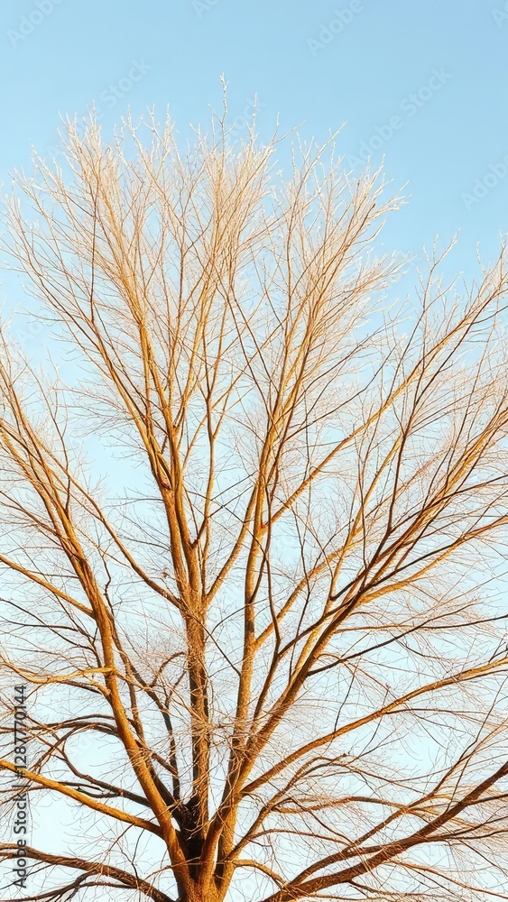 A gold tree's bare branches stretch towards a pale blue sky, frosty, bare, icy A gold tree's bare branches stretch towards a pale blue sky, frosty, bare, icy