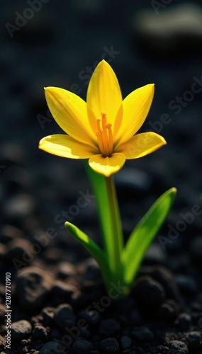 Brightly coloured lilia against a dark, textured ground, dark background, nature, yellow