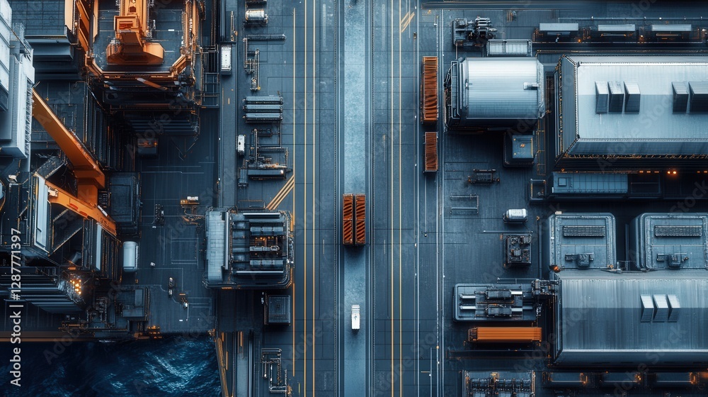 futuristic cargo port with fully automated robotic loading systems.