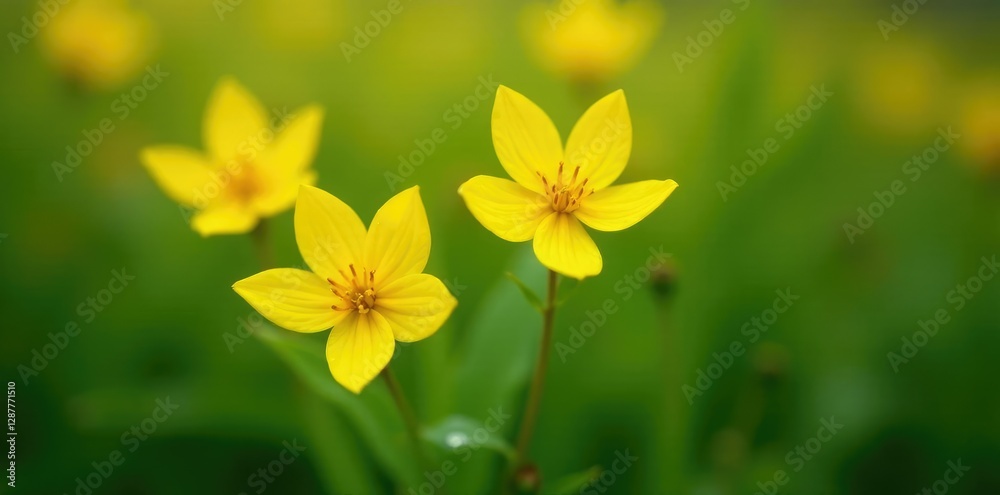 Bright yellow flowers with water droplets on the stem and leaves, stem, yellow, foliage Bright yellow flowers with water droplets on the stem and leaves, stem, yellow, foliage