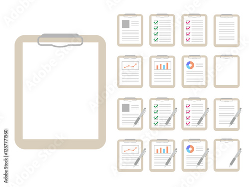 シンプルなバインダーと色々な書類のアイコンイラストセット フレームつき チェックリスト グラフ
binder set
