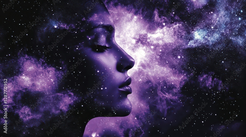 Woman's Face Merged with Starry Galaxy in Purple Hue Woman's Face Merged with Starry Galaxy in Purple Hue