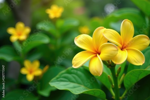 Delicate yellow frangipani flowers unfolding in a lush garden, bloom, garden, sunflowers