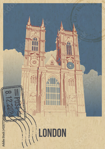 London's Main Attraction Retro Postcard Style Vector Illustration. Westminster Abbey Building, Postal Imprints, Old Paper Texture