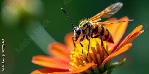 Macro shot of Agapanthia villosoviridescens with flowers and seeds, insect life, fauna, photo