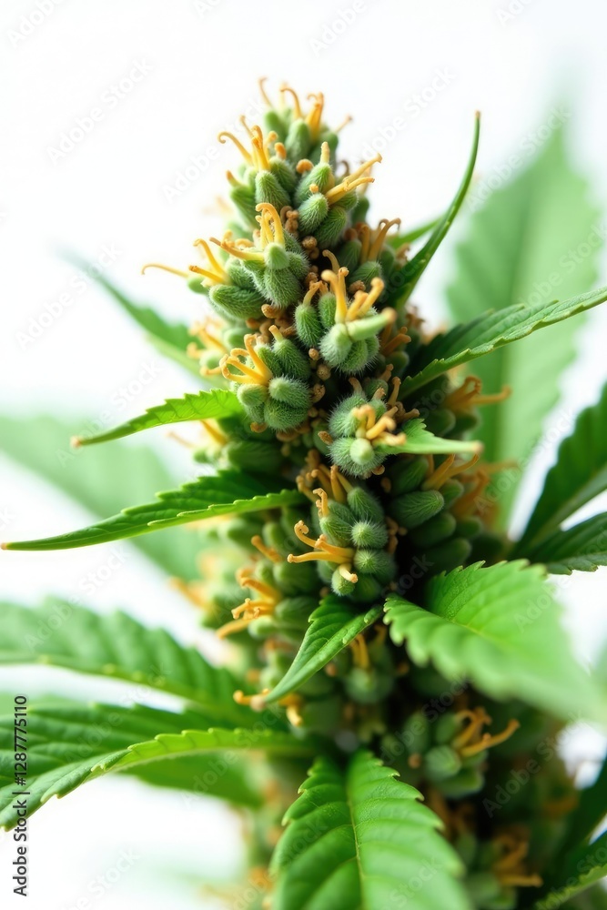 Macro shot of marijuana buds and leaves on a white background, plantlife, closeup, weed Macro shot of marijuana buds and leaves on a white background, plantlife, closeup, weed