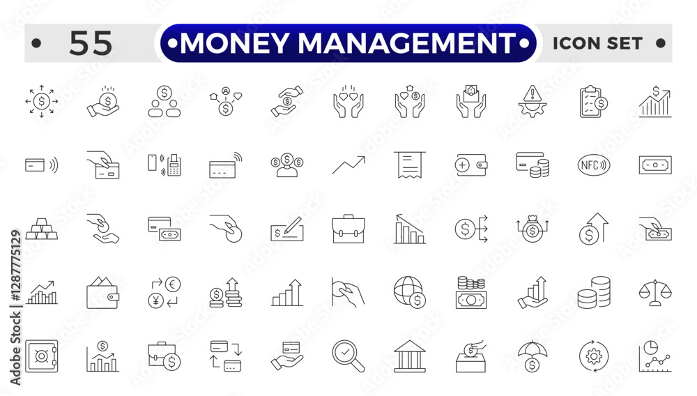 set of money management outline icon. money management, wallet, banking, ATM, piggy bank, investment profit, finance growth chart, money increase, finance icon collections. vector illustration. set of money management outline icon. money management, wallet, banking, ATM, piggy bank, investment profit, finance growth chart, money increase, finance icon collections. vector illustration.