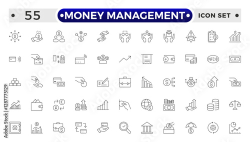 set of money management outline icon. money management, wallet, banking, ATM, piggy bank, investment profit, finance growth chart, money increase, finance icon collections. vector illustration.