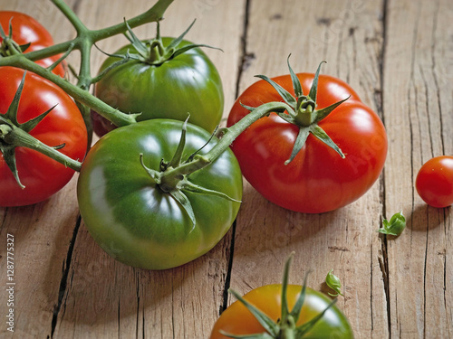 An overhead view of a ripe, red tomatoes still attached to their green vine, placed on a smooth, light wooden surface. photo