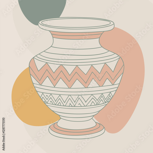 A black and white line art drawing of a traditional decorative vase with geometric patterns 