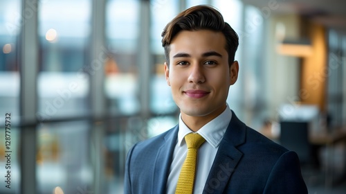 portrait of a confident young professional in a sleek, modern office environment well-dressed in smart business attire, with a friendly yet assertive expression, conveying appro