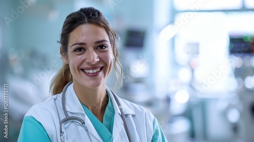a professional and compassionate portrait of a smiling healthcare worker in a bright medical environment