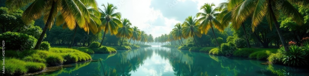 majestic palm trees swaying above a tranquil pond, water feature, tropical majestic palm trees swaying above a tranquil pond, water feature, tropical