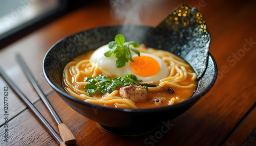 Traditional Japanese ramen with rich broth and poached egg - Scene should include a steaming bowl of ramen, beautifully decorated with greens and chopsticks.