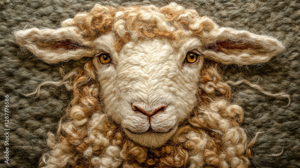 Fototapeta premium Colorful Woolly Sheep with Intricate Yarn-Like Texture in Vibrant Orange, Blue, and Yellow