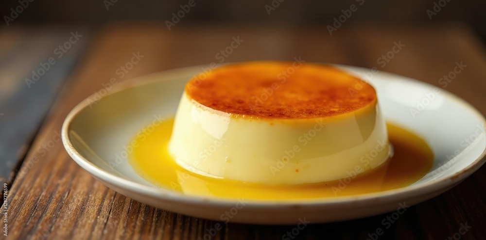 Rich custard base with a layer of caramelized sugar on top, golden, cream Rich custard base with a layer of caramelized sugar on top, golden, cream