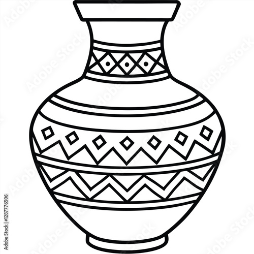 A black and white line art drawing of a traditional decorative vase with geometric patterns 