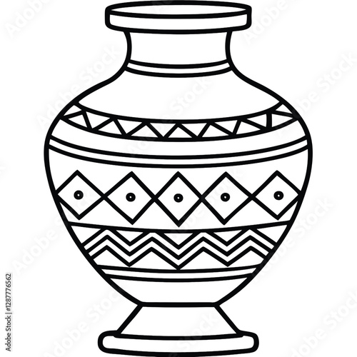 A black and white line art drawing of a traditional decorative vase with geometric patterns 