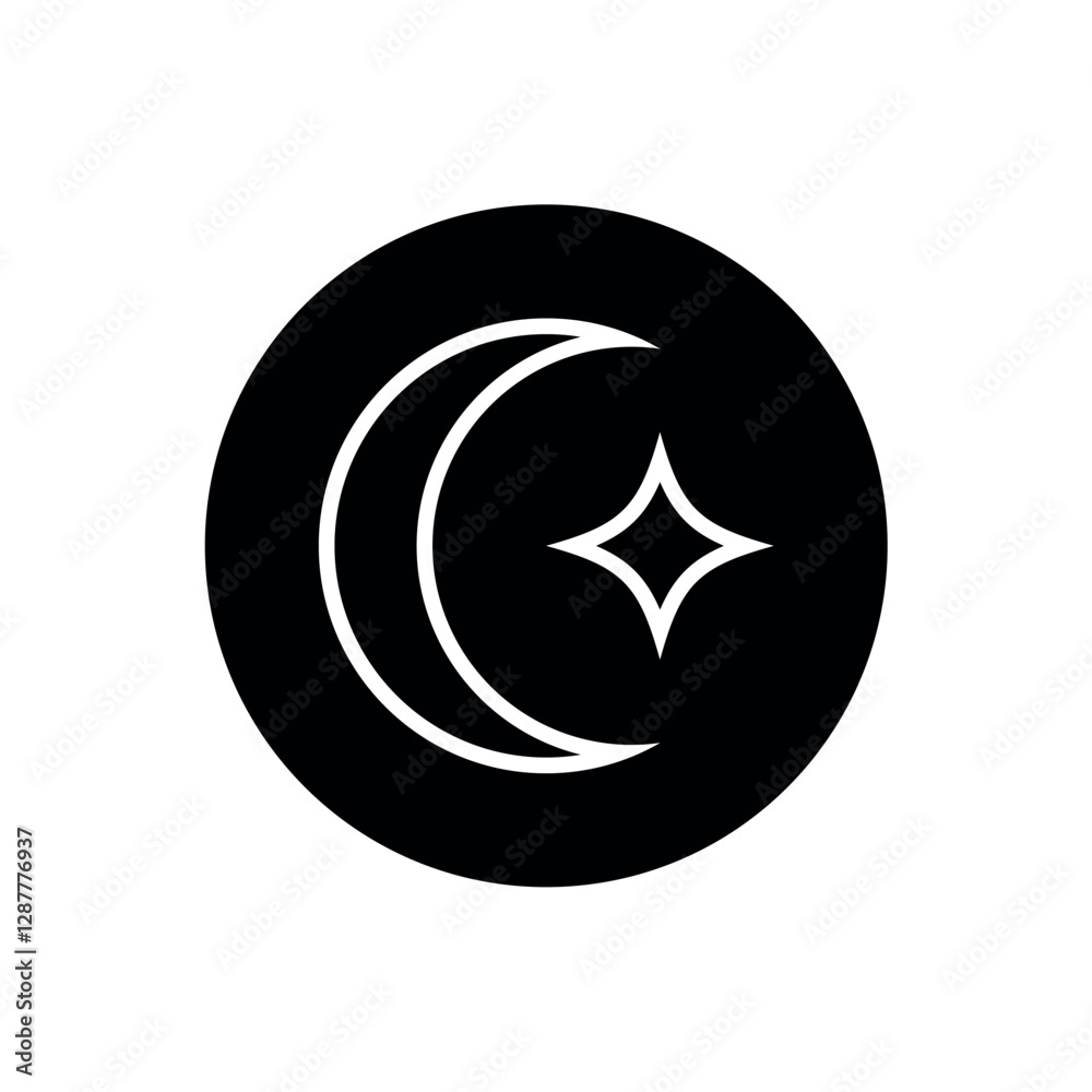 Crescent moon and star outline in a circle symbol design. Templates for design, posters, projects, banners, logo, and business cards. Vector illustration. Crescent moon and star outline in a circle symbol design. Templates for design, posters, projects, banners, logo, and business cards. Vector illustration.