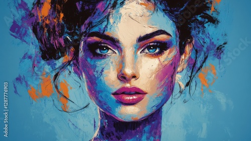 An expressionism-style portrait of a beautiful woman, with exaggerated facial features, painted with bold brushstrokes in vibrant blues, purples, and oranges.