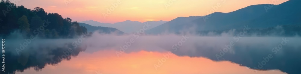Obraz premium Rising plume of fog on a still lake surface at dawn, morning, lake, nature