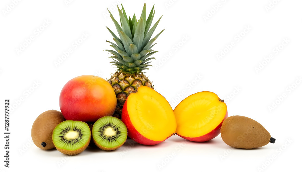 Fruits in a minimalist style: an assortment of exotic fruits on a white background - A simple composition with mango, pineapple and kiwi, highlighting the vibrant colors and textures.
Fruits in a minimalist style: an assortment of exotic fruits on a white background - A simple composition with mango, pineapple and kiwi, highlighting the vibrant colors and textures.