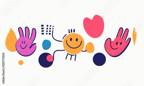 Cheerful Cartoon Smiley Faces and Hand Characters Vector Illustration